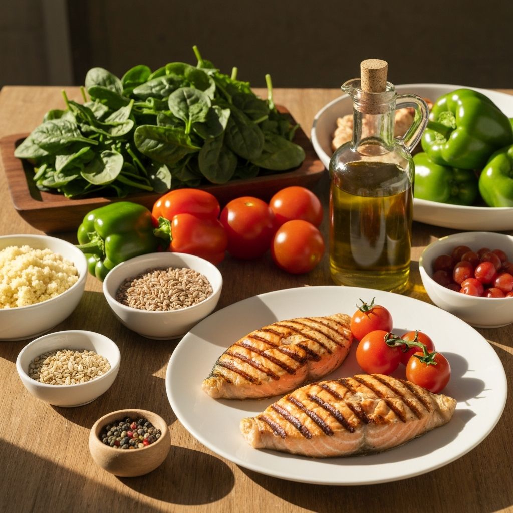 Mediterranean diet style spread with healthy foods